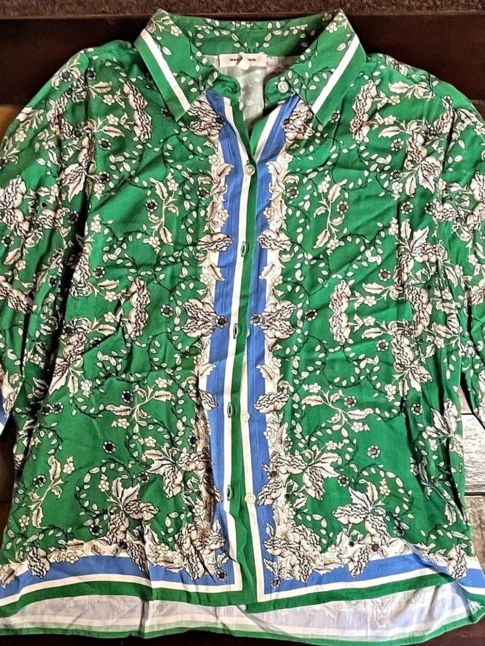 Max Studio Women’s Floral Button Down Shirt in Green & Blue Size Medium